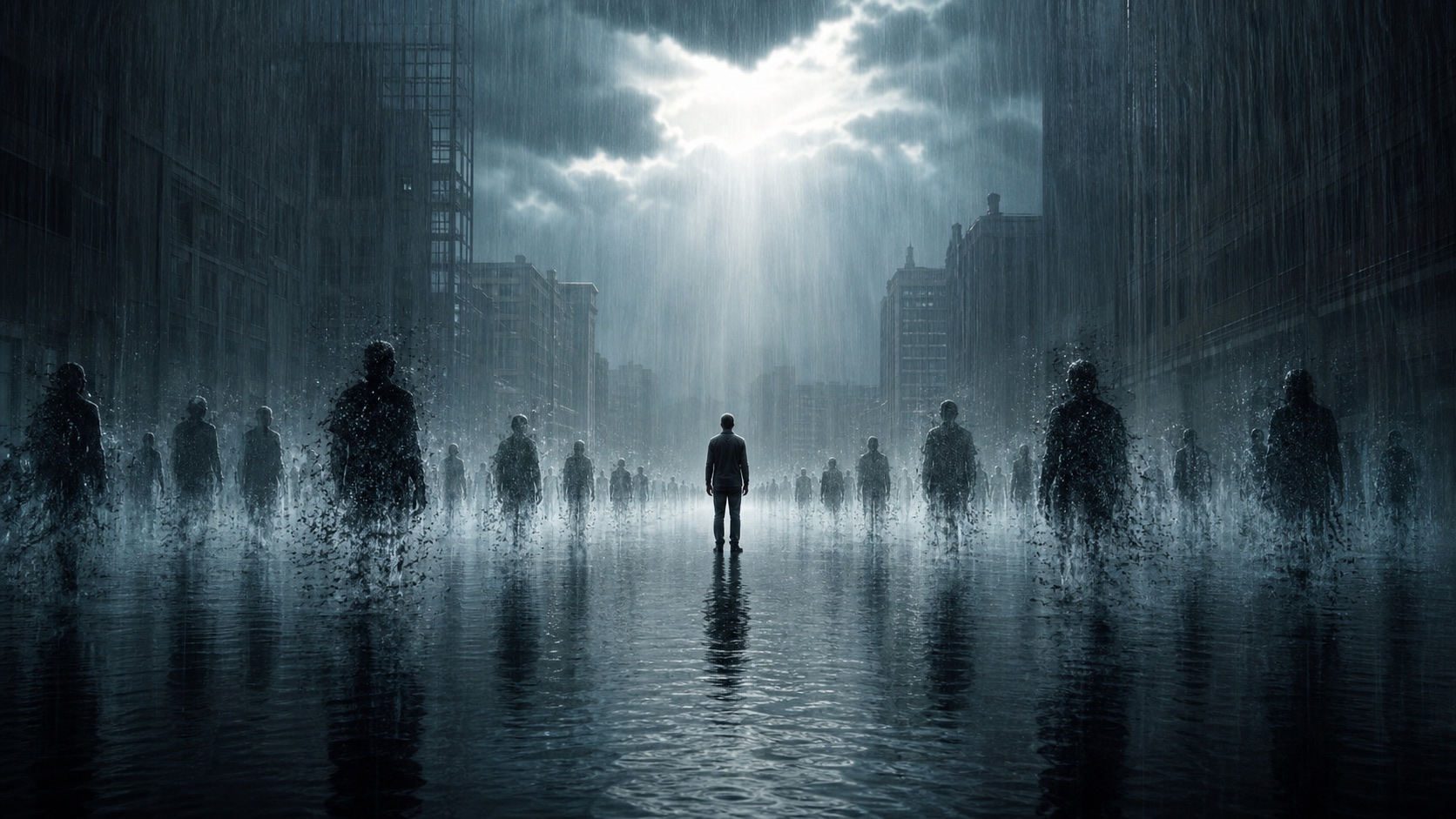 暴雨积水的城市中，一人静止不动，周围相同身影逐渐溶入倒影